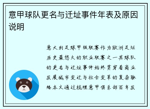 意甲球队更名与迁址事件年表及原因说明